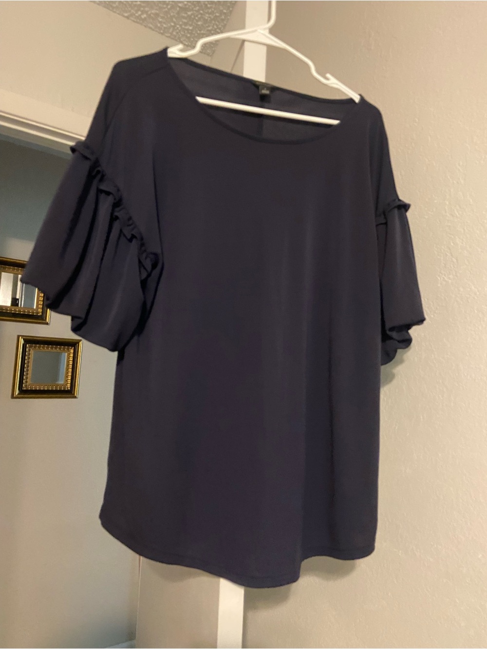 Ann Taylor Navy Ruffle Short Sleeve Blouse